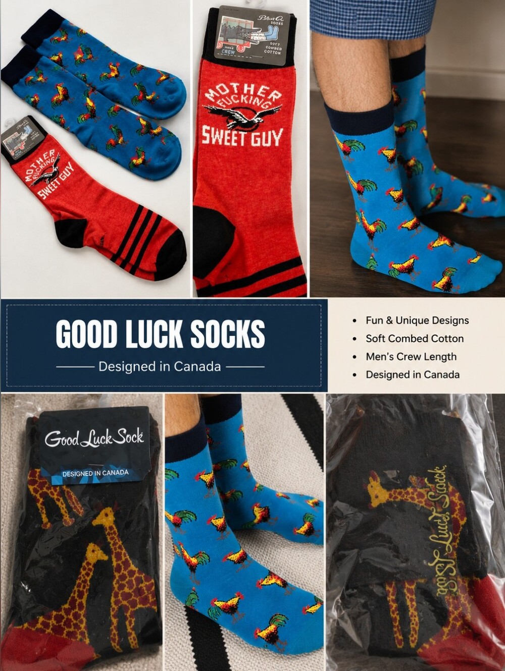 Men's Crew Socks - Blue Rooster Print, Giraffe Print  3 Pairs